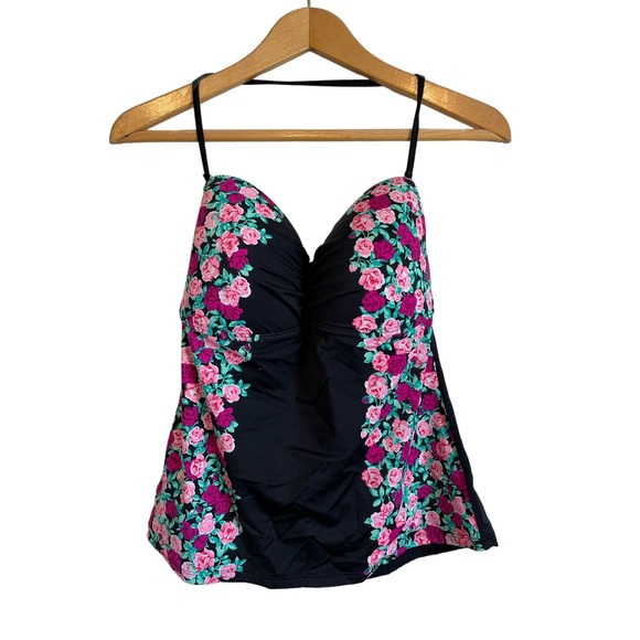 Betsey Johnson Other - Betsey Johnson black pink floral tankini top padded wireless ruched. Size L